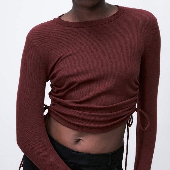 ZARA RIBBED GATHER DETAIL TOP Burgundy - Picture 6 of 12
